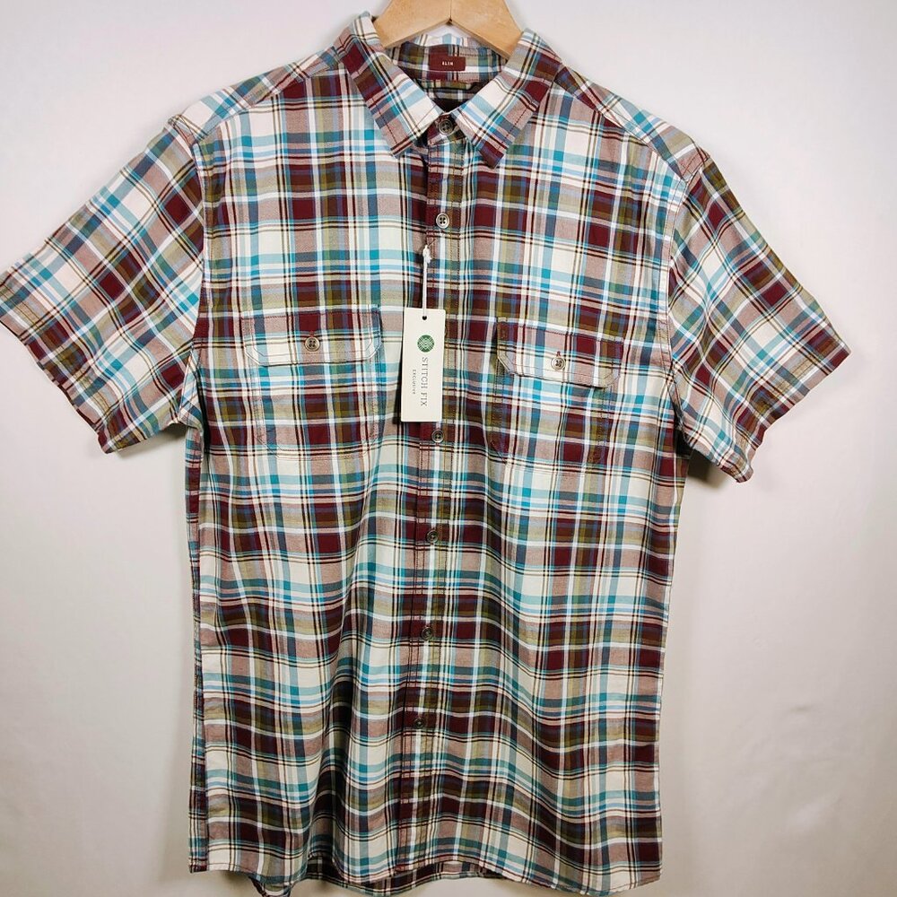 Alesbury Slim Tall Men's Large Plaid Short‎ Sleeve Button-Down Shirt NWT